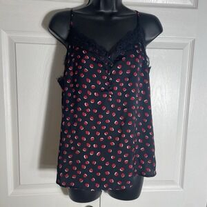 Vintage Kiabi Y2K Lace Trim Camisole Women M Black Red Geometric Henley Tank Top